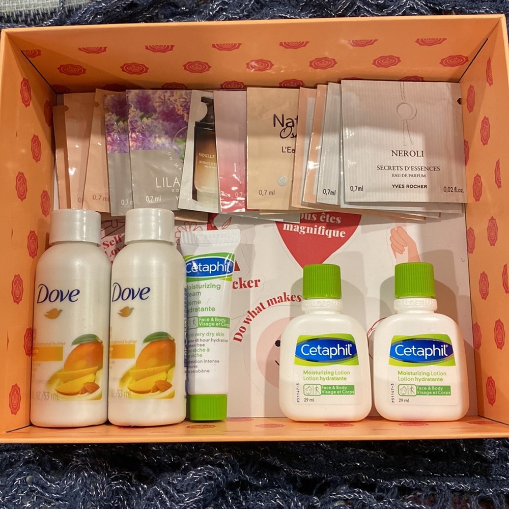 Various samples. Yves Rocher Perfume, Dove Body wash, Cetaphil face moisturizer